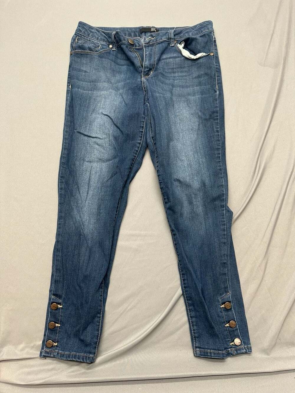 1822 Denim Blue Ankle Skinny Jeans Size 12 with Button Hem Detailing